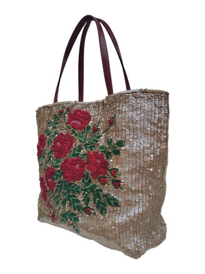 Valentino Spring 2000 Beige sequined red roses sequined tote bag