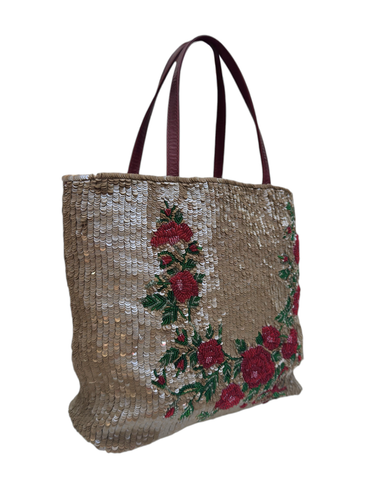 Valentino Spring 2000 Beige sequined red roses sequined tote bag
