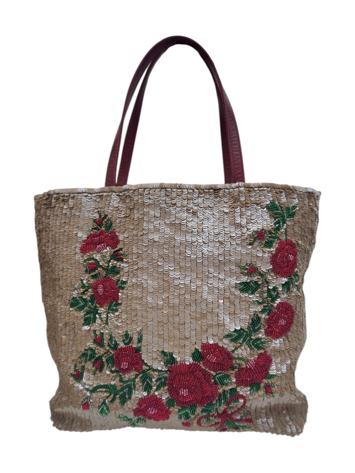 Valentino Spring 2000 Beige sequined red roses sequined tote bag