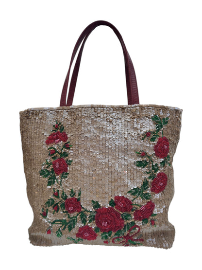 Valentino Spring 2000 Beige sequined red roses sequined tote bag
