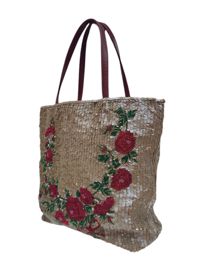 Valentino Spring 2000 Beige sequined red roses sequined tote bag