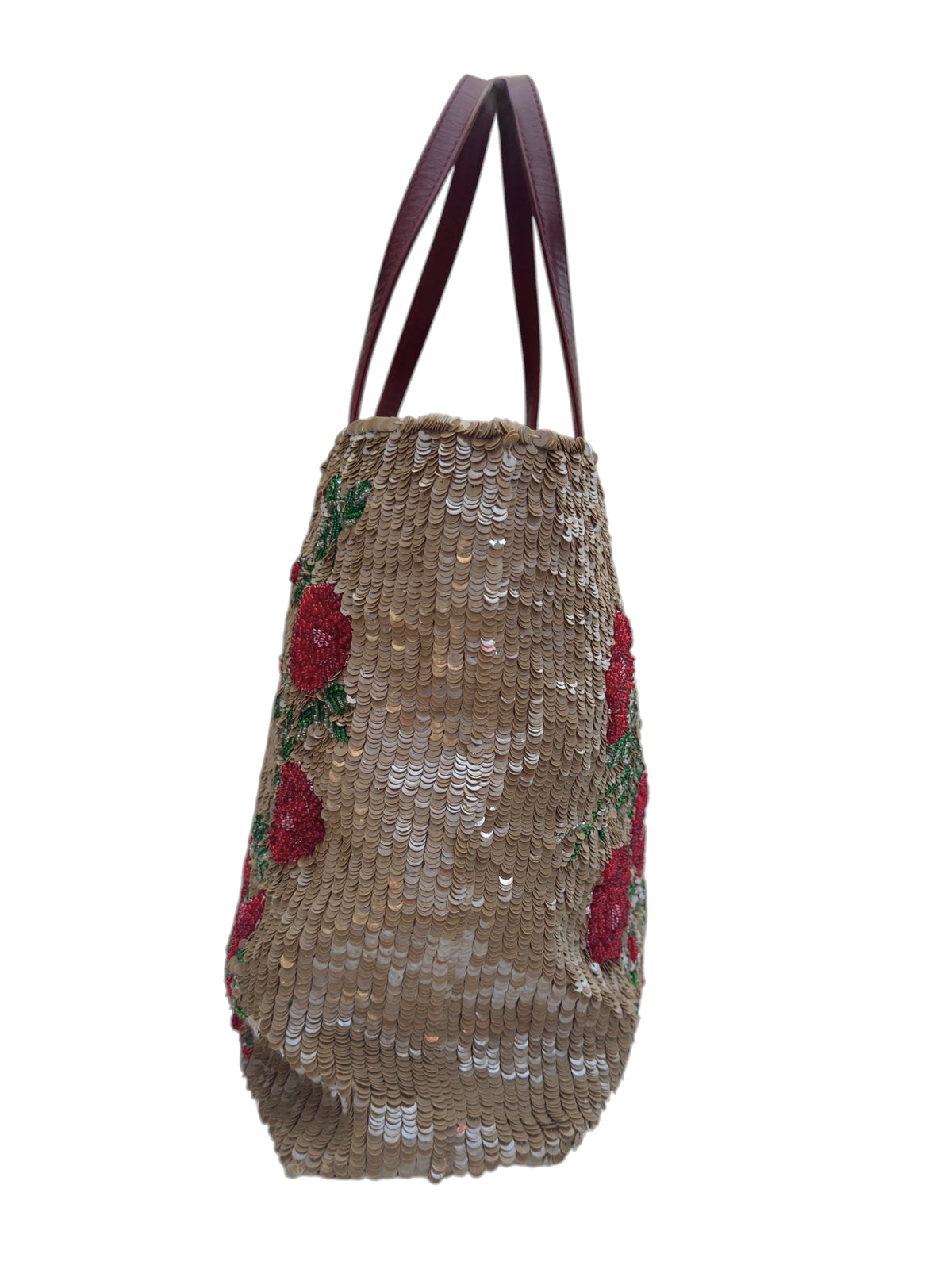 Valentino Spring 2000 Beige sequined red roses sequined tote bag
