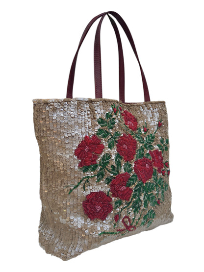 Valentino Spring 2000 Beige sequined red roses sequined tote bag