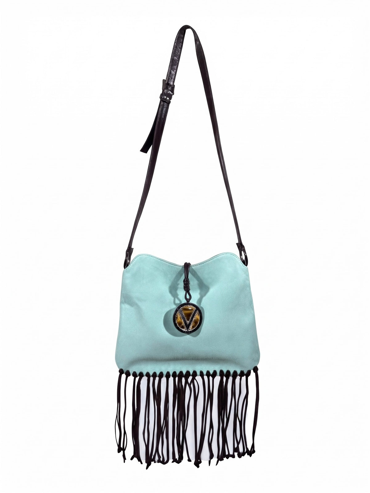 Valentino Spring 2002 Light blue suede messenger bag fringed tiger eye