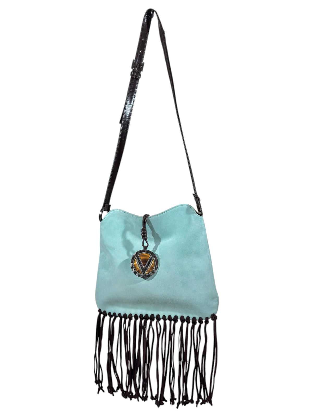 Valentino Spring 2002 Light blue suede messenger bag fringed tiger eye