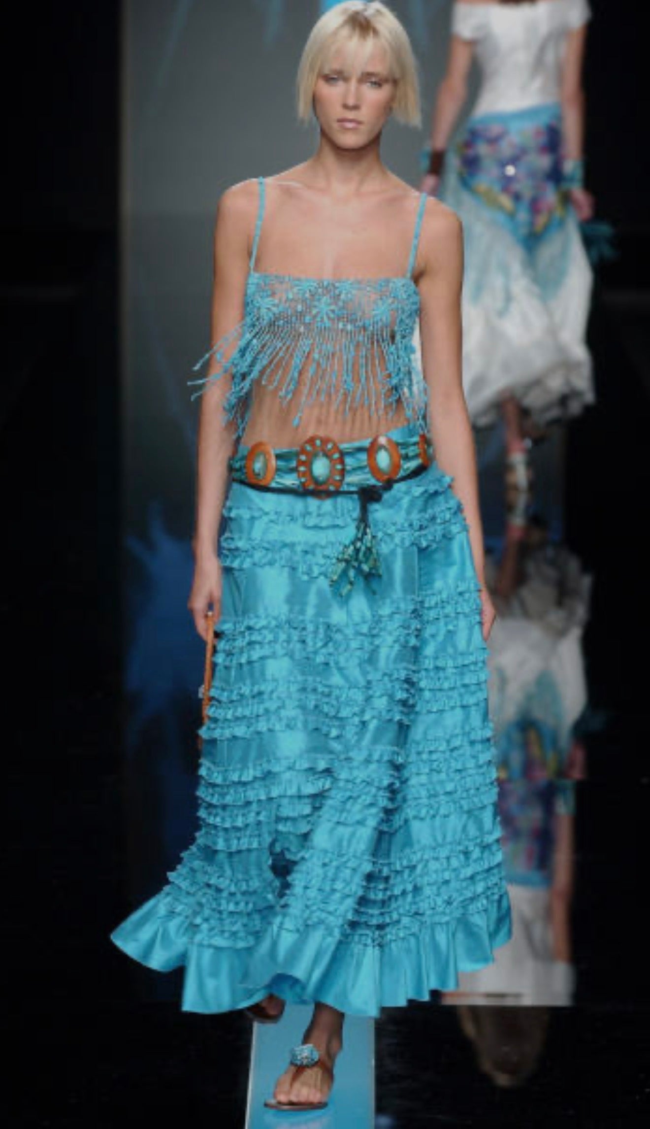 Valentino Spring 2002 Look 44 Long ruffle skirt turquoise