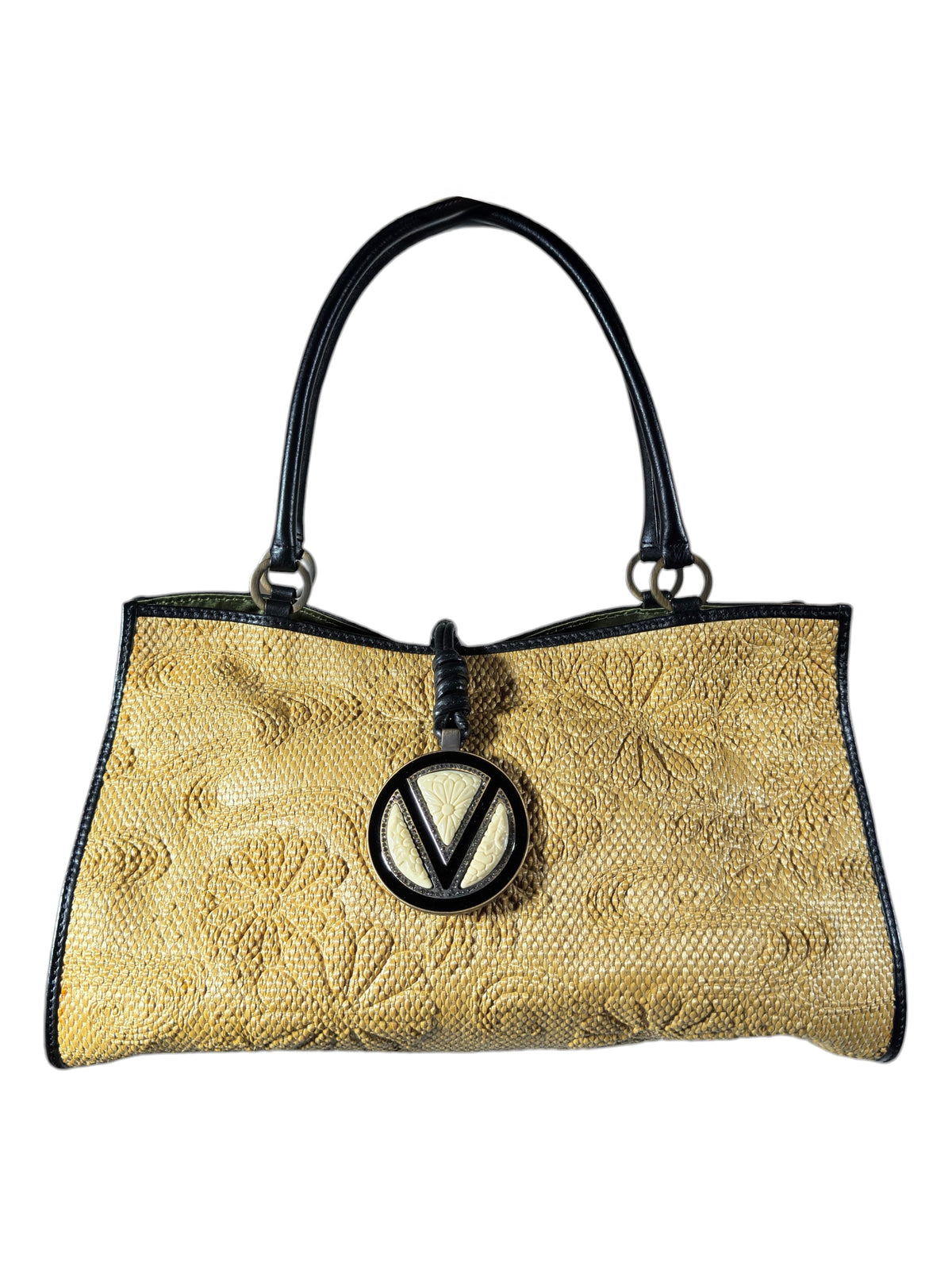 Valentino Spring 2002 Natural straw floral tote bag black leather