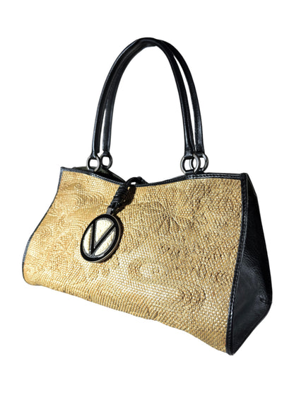 Valentino Spring 2002 Natural straw floral tote bag black leather