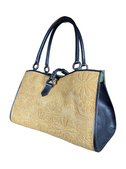 Valentino Spring 2002 Natural straw floral tote bag black leather