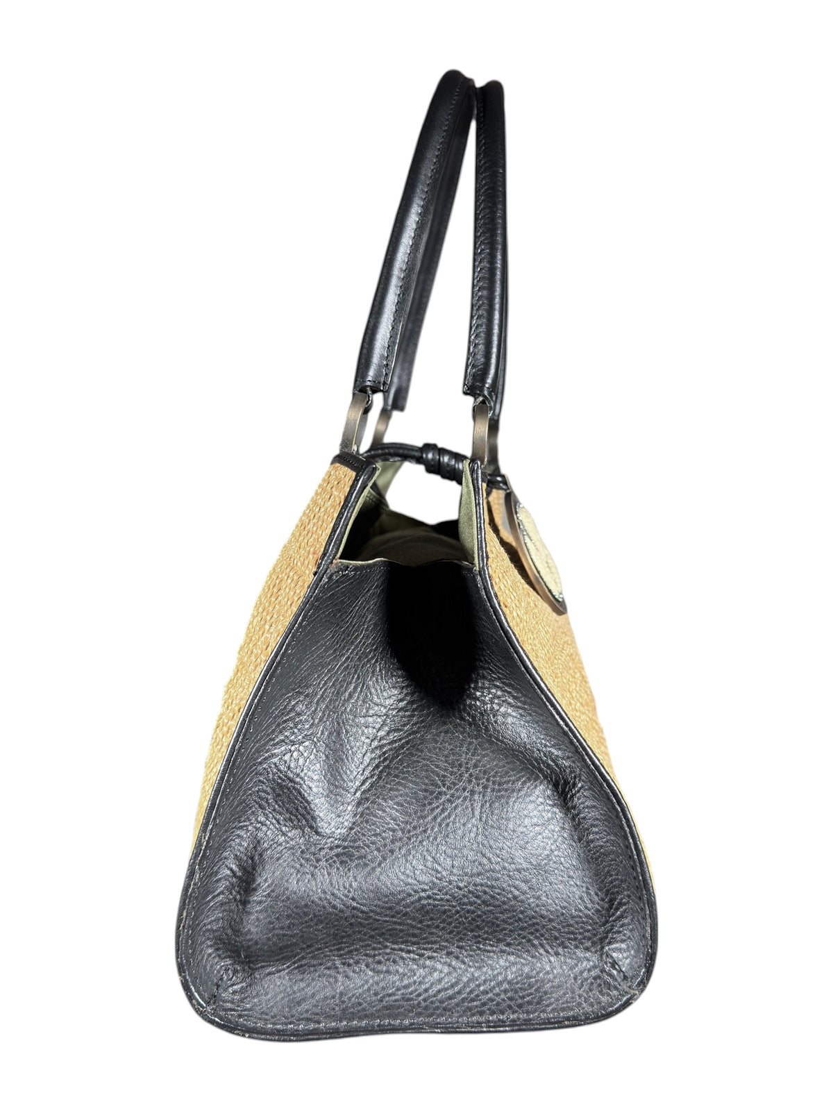 Valentino Spring 2002 Natural straw floral tote bag black leather