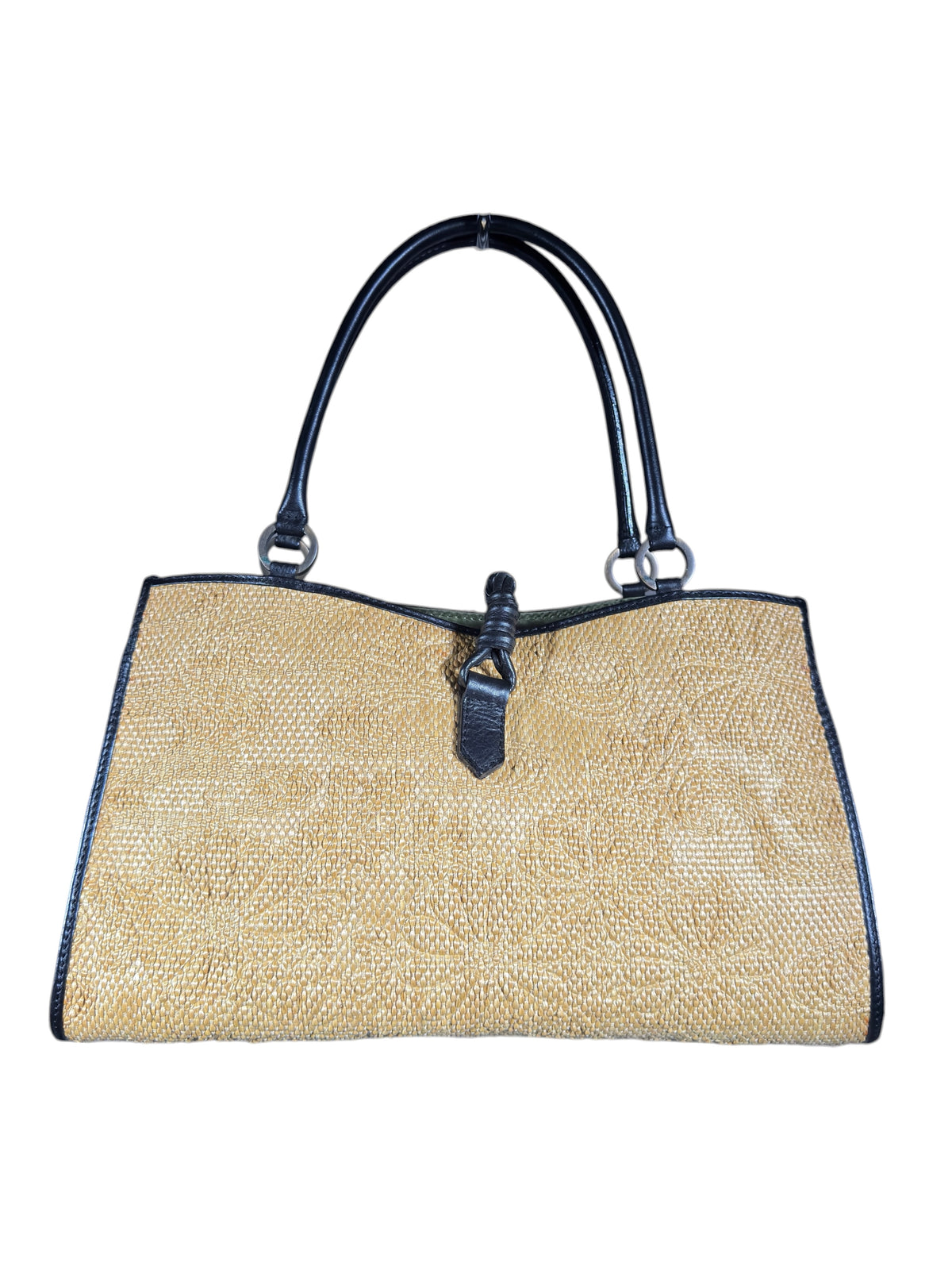 Valentino Spring 2002 Natural straw floral tote bag black leather