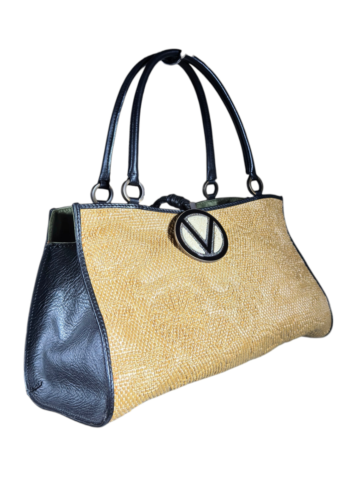 Valentino Spring 2002 Natural straw floral tote bag black leather