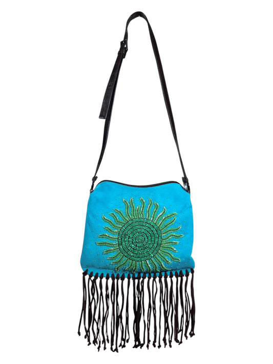 Valentino Spring 2002 Turquoise suede messenger fringe bag malachite pearls
