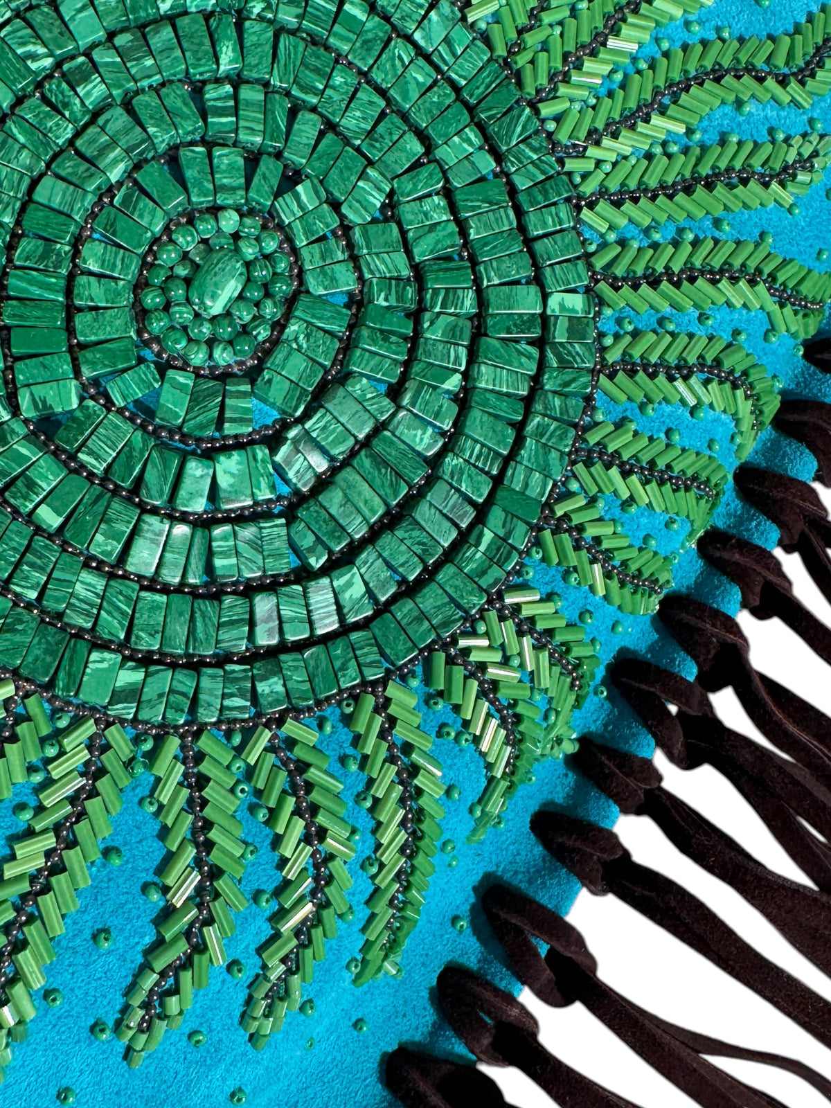 Valentino Spring 2002 Turquoise suede messenger fringe bag malachite pearls