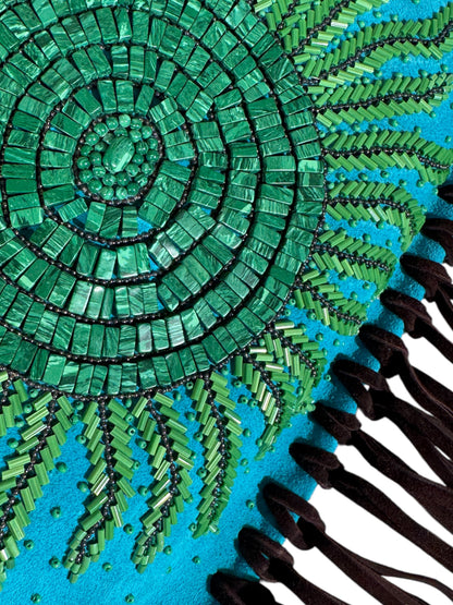 Valentino Spring 2002 Turquoise suede messenger fringe bag malachite pearls
