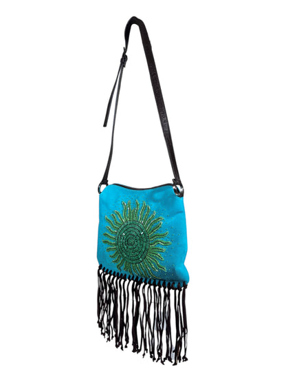 Valentino Spring 2002 Turquoise suede messenger fringe bag malachite pearls
