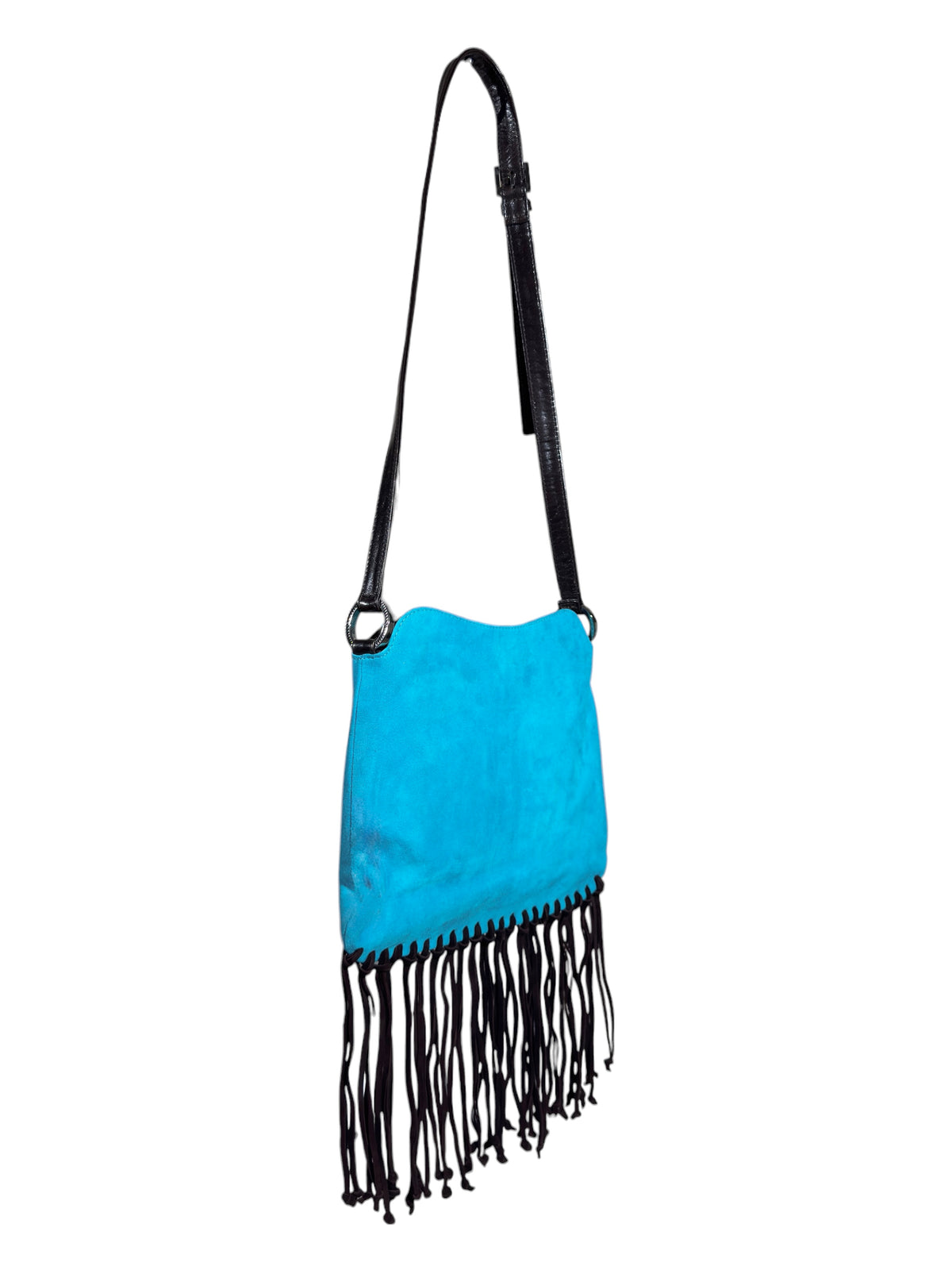Valentino Spring 2002 Turquoise suede messenger fringe bag malachite pearls