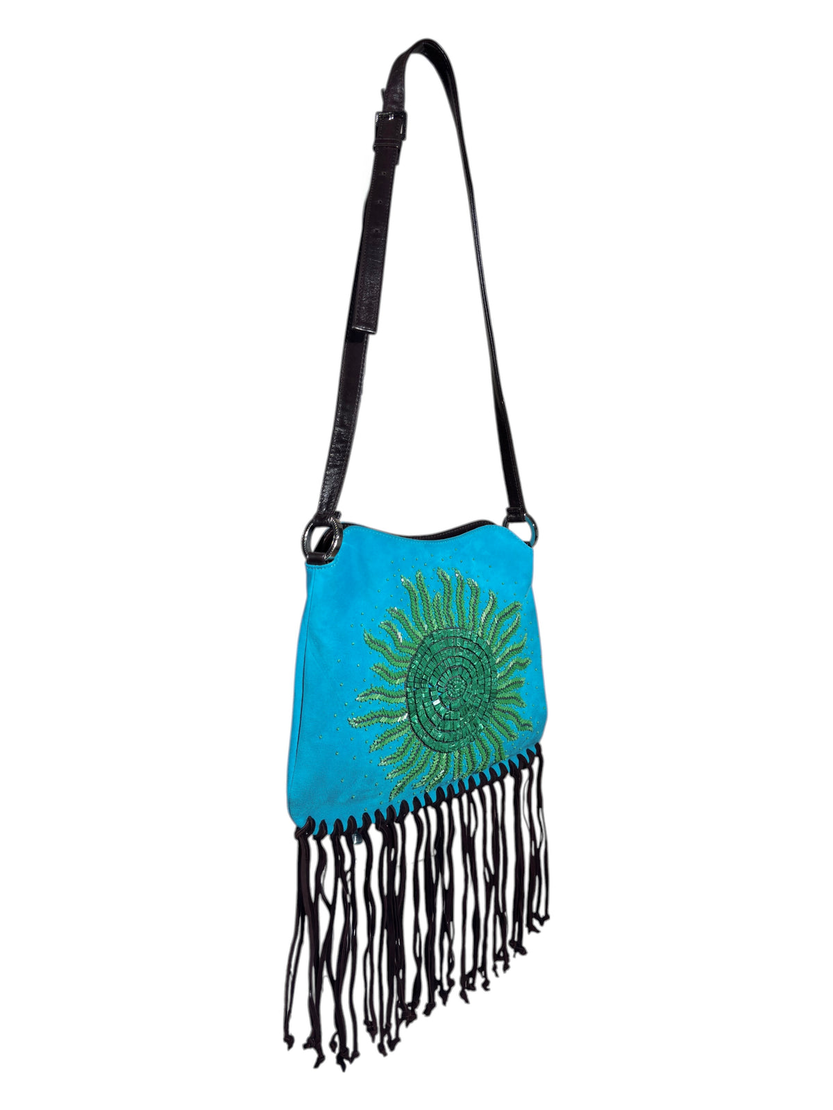 Valentino Spring 2002 Turquoise suede messenger fringe bag malachite pearls