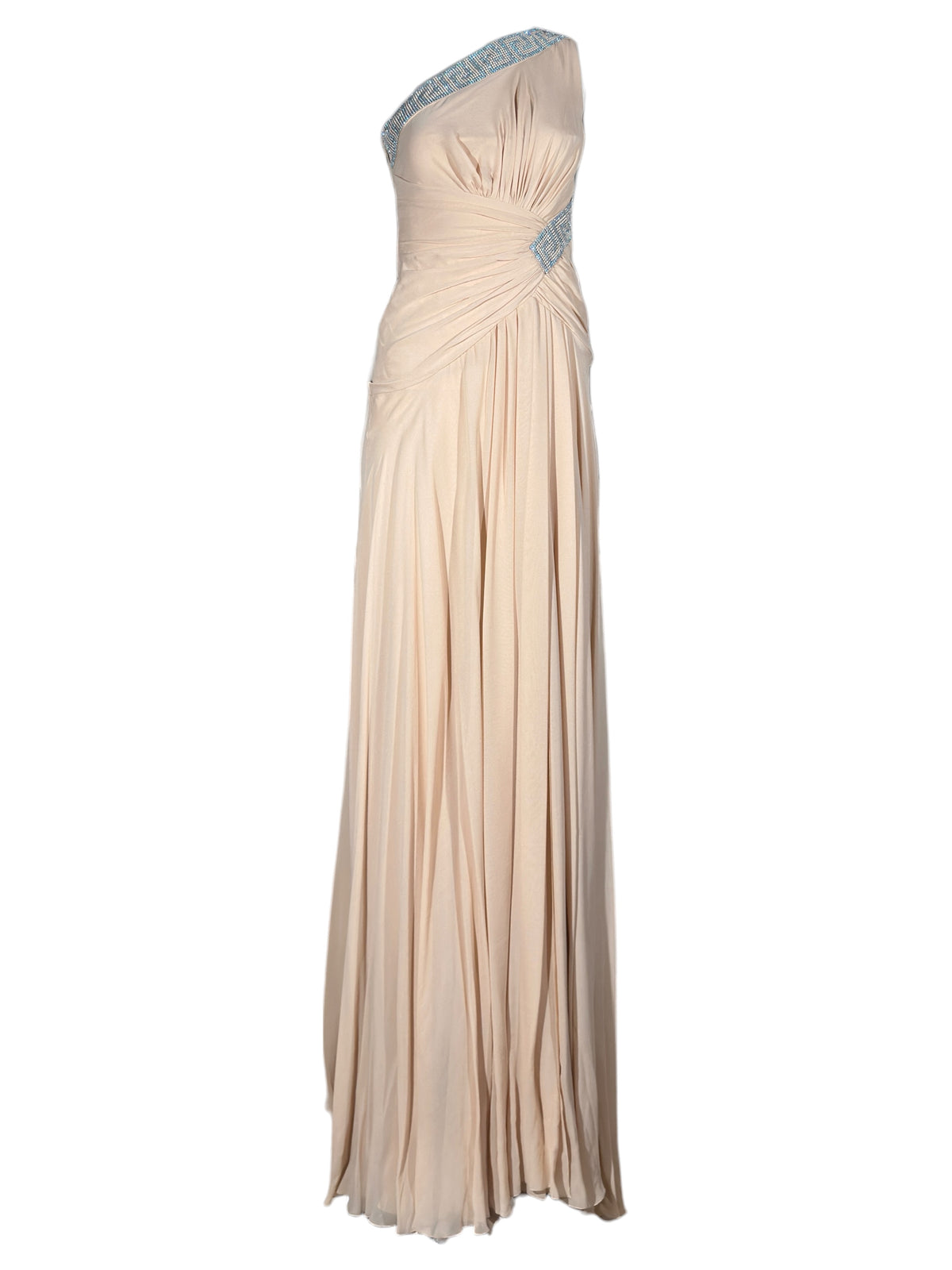 Versace 2010 Maxi asymmetric nude chiffon dress greca rhinestones
