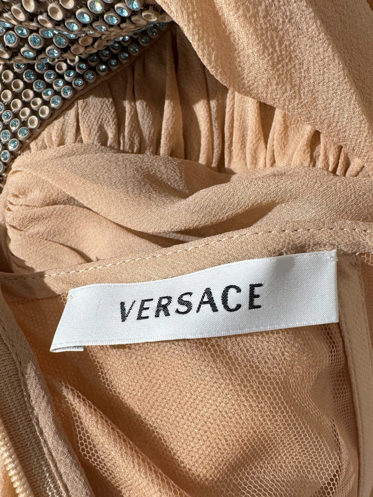 Versace 2010 Maxi asymmetric nude chiffon dress greca rhinestones