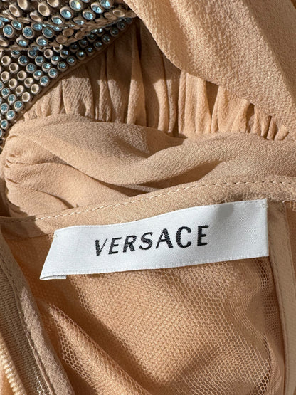 Versace 2010 Maxi asymmetric nude chiffon dress greca rhinestones