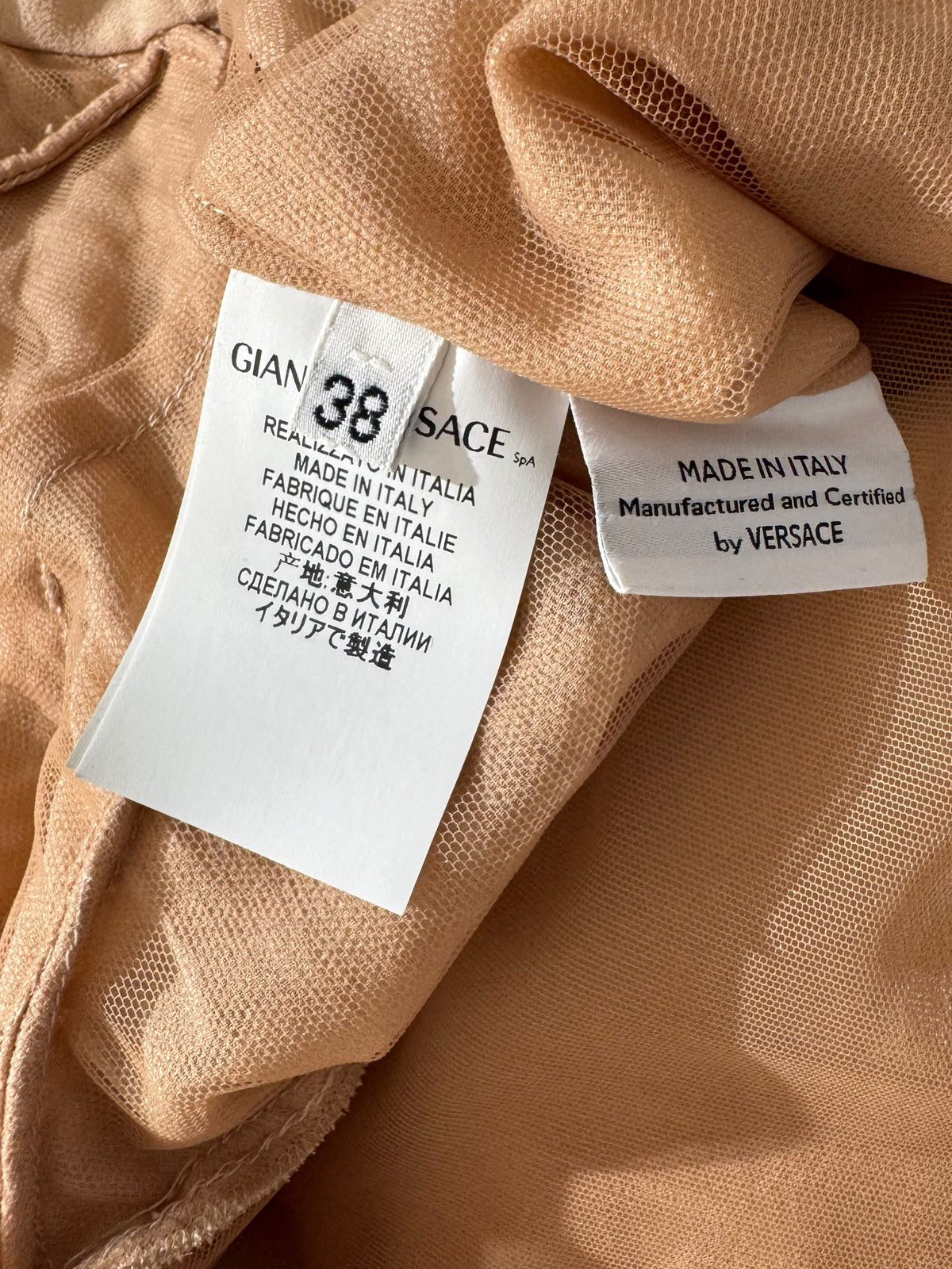 Versace 2010 Maxi asymmetric nude chiffon dress greca rhinestones