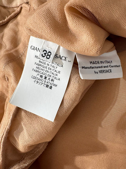 Versace 2010 Maxi asymmetric nude chiffon dress greca rhinestones