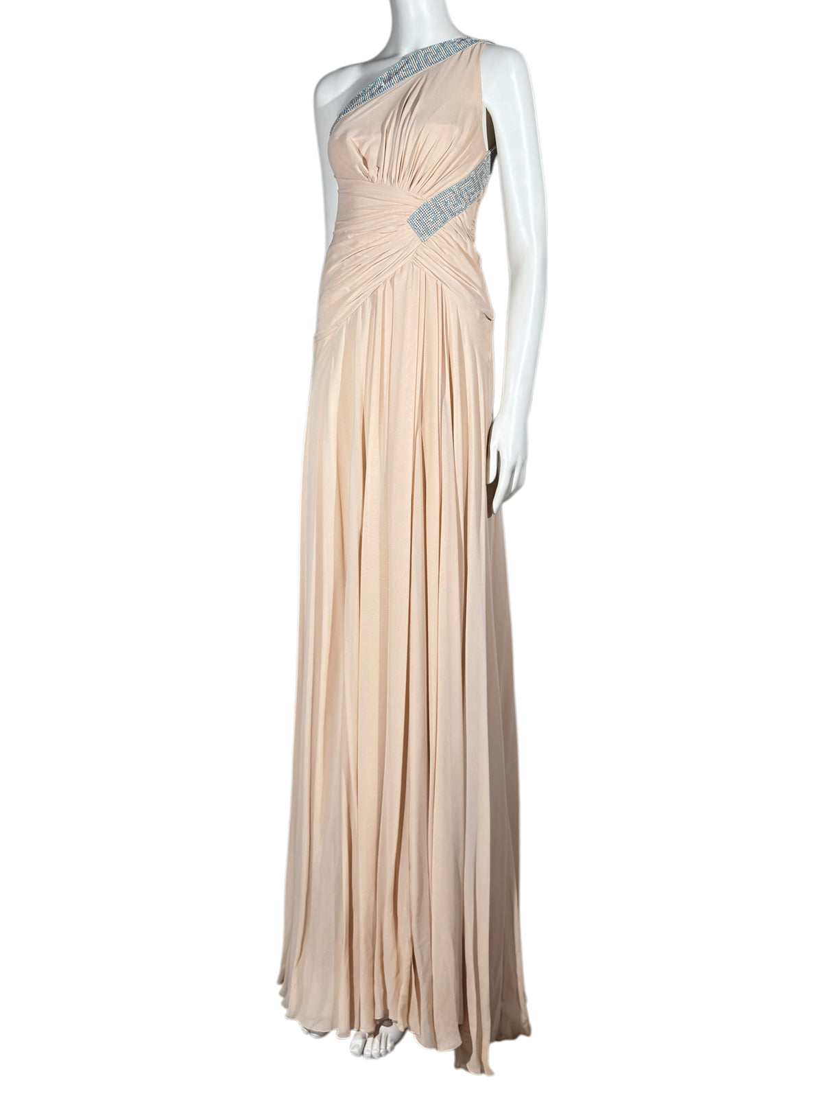 Versace 2010 Maxi asymmetric nude chiffon dress greca rhinestones