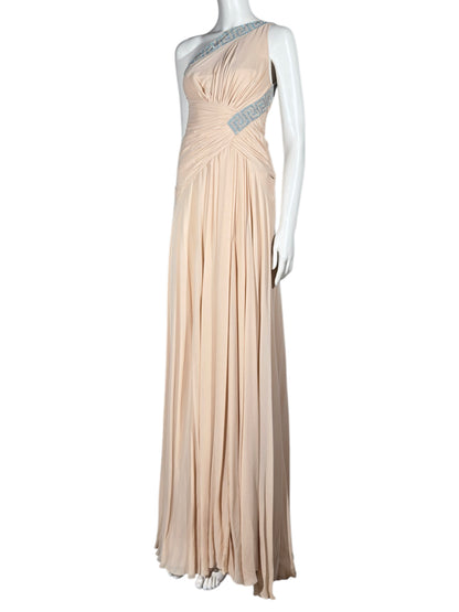 Versace 2010 Maxi asymmetric nude chiffon dress greca rhinestones