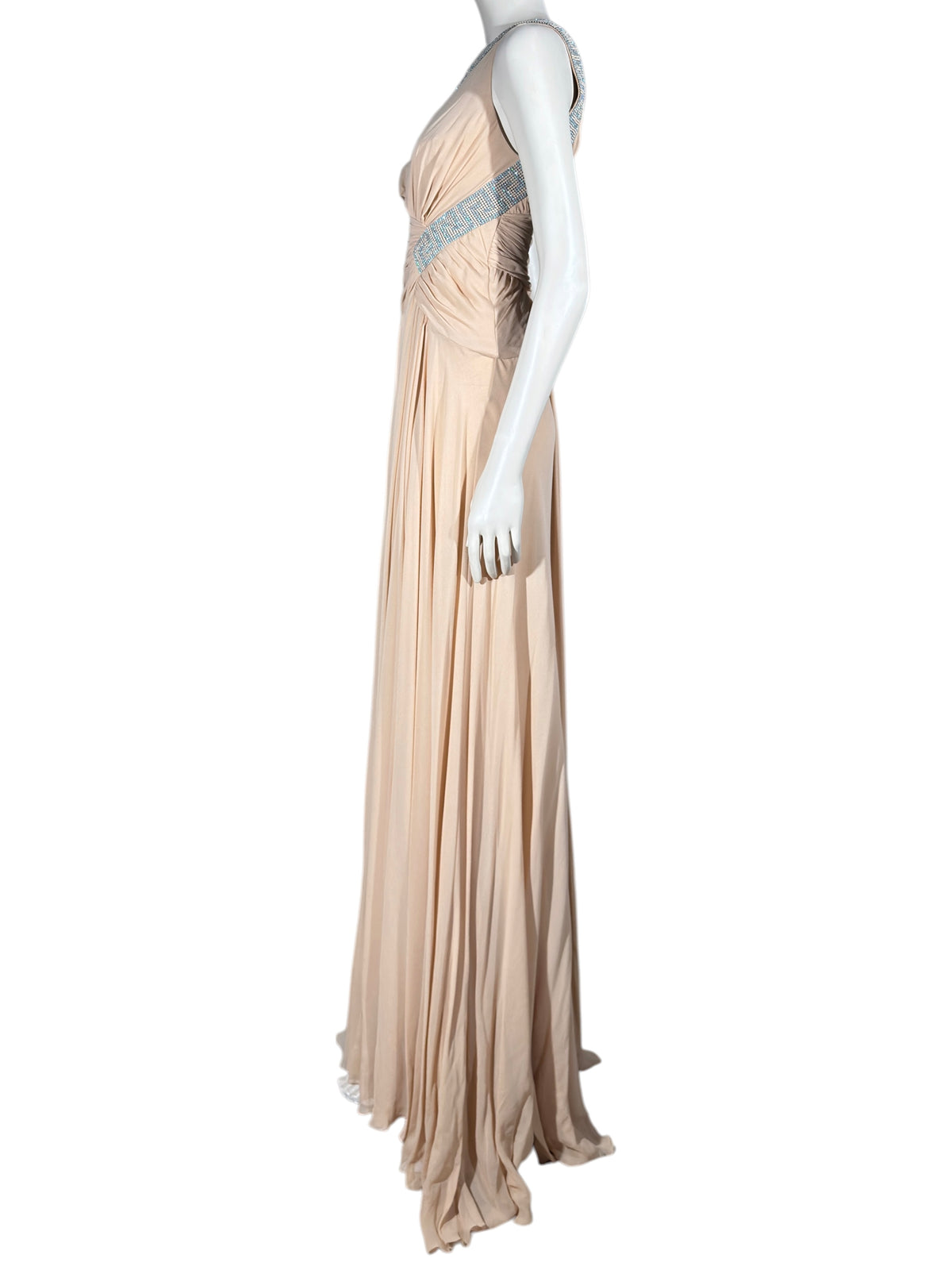 Versace 2010 Maxi asymmetric nude chiffon dress greca rhinestones