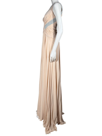 Versace 2010 Maxi asymmetric nude chiffon dress greca rhinestones