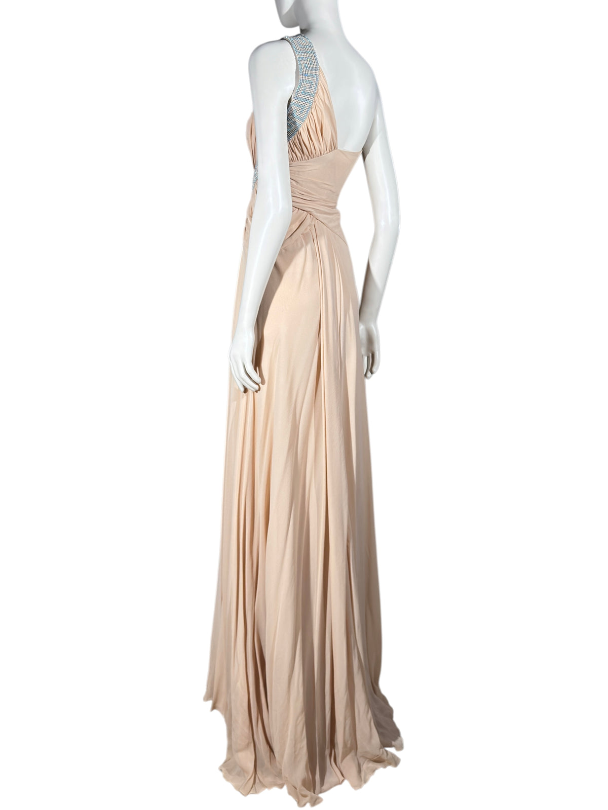 Versace 2010 Maxi asymmetric nude chiffon dress greca rhinestones