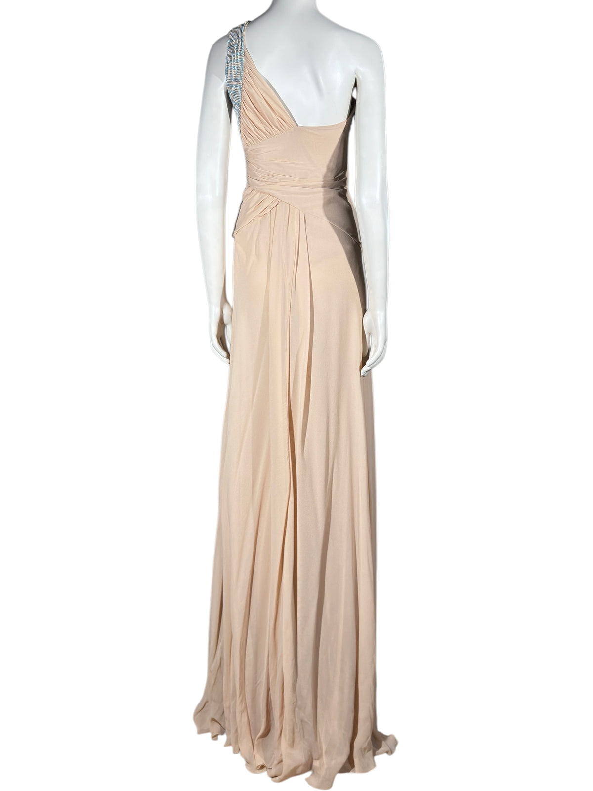 Versace 2010 Maxi asymmetric nude chiffon dress greca rhinestones