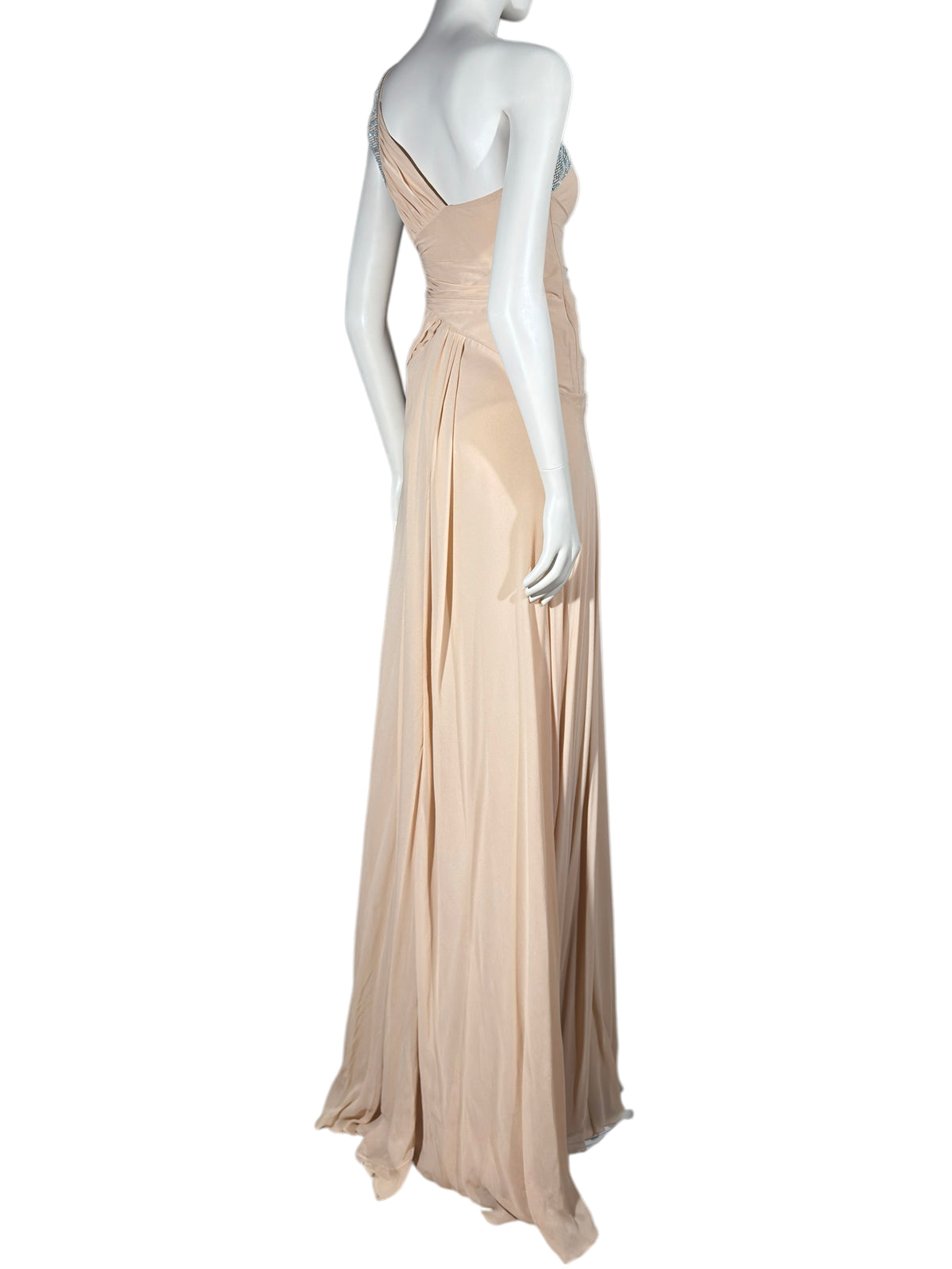 Versace 2010 Maxi asymmetric nude chiffon dress greca rhinestones