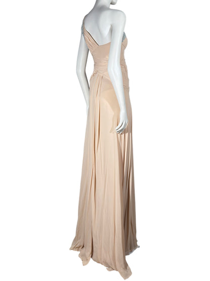 Versace 2010 Maxi asymmetric nude chiffon dress greca rhinestones