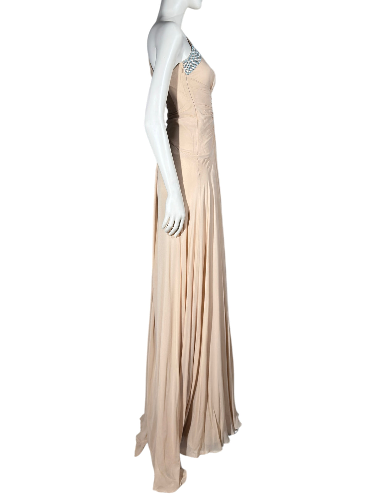 Versace 2010 Maxi asymmetric nude chiffon dress greca rhinestones