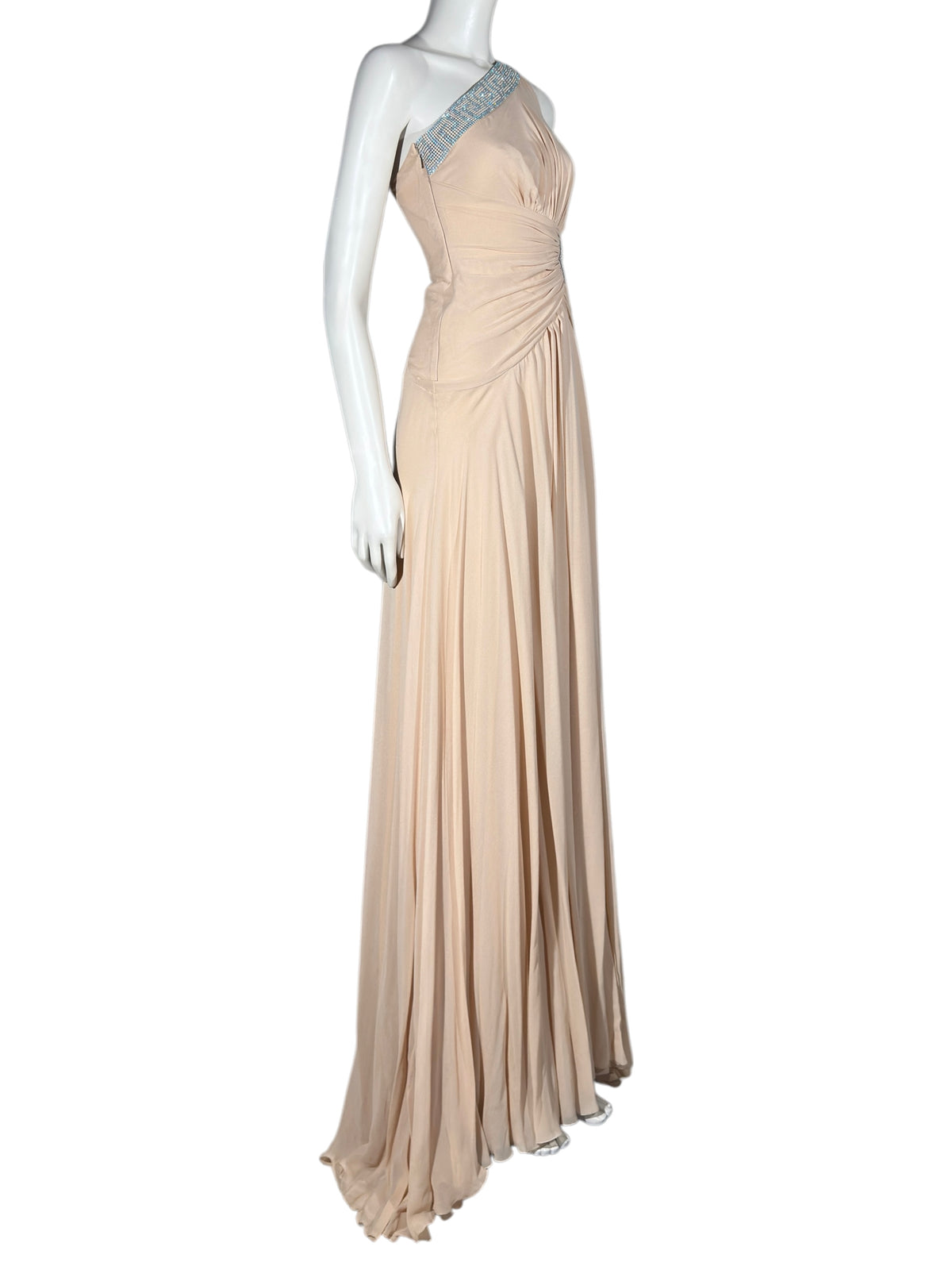 Versace 2010 Maxi asymmetric nude chiffon dress greca rhinestones