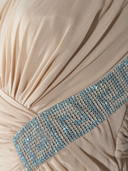 Versace 2010 Maxi asymmetric nude chiffon dress greca rhinestones