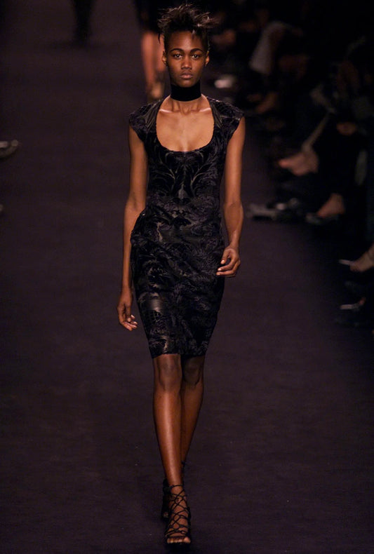 Yves Saint Laurent Tom Ford Fall 2002 Look 31 Leather velvet black dress