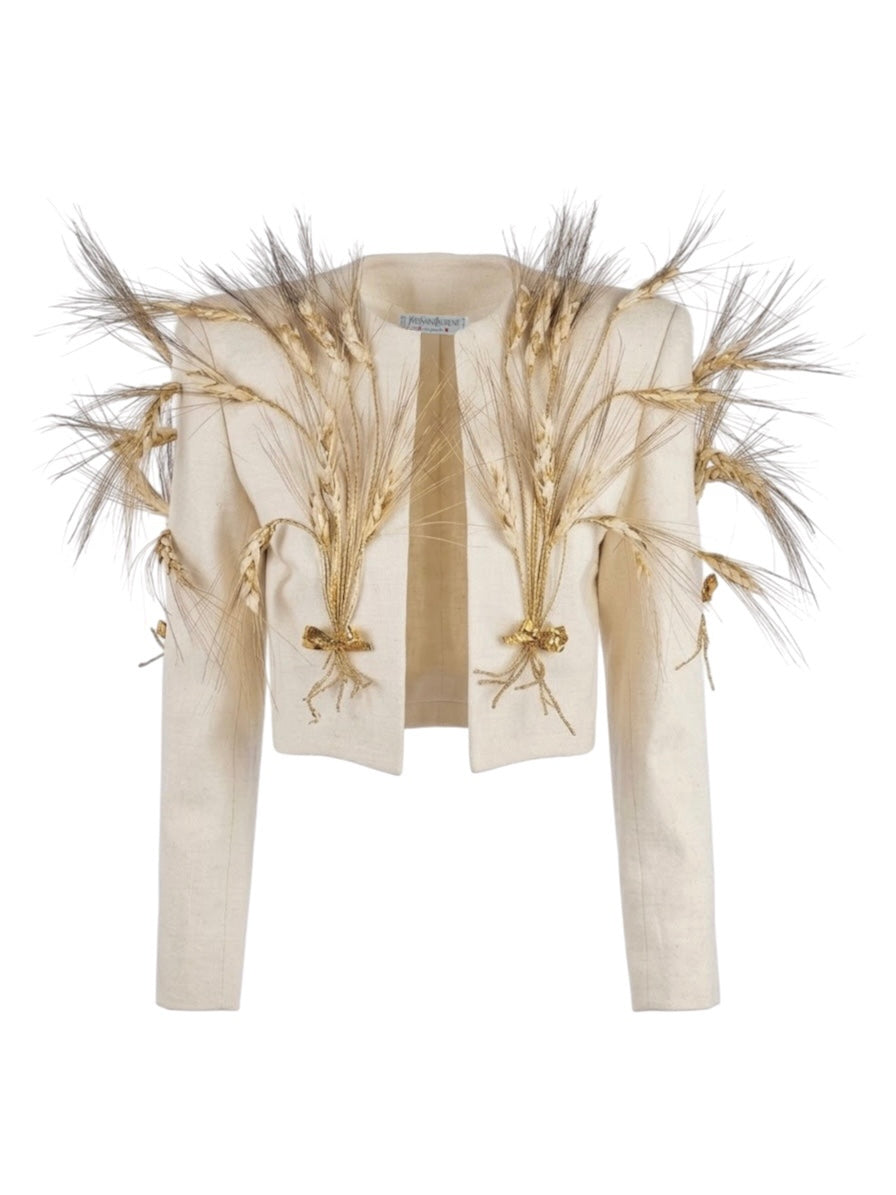 Yves Saint Laurent rive gauche Fall 1988 Lemarié Cropped wheat linen jacket