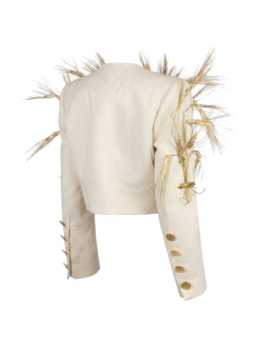 Yves Saint Laurent rive gauche Fall 1988 Lemarié Cropped wheat linen jacket